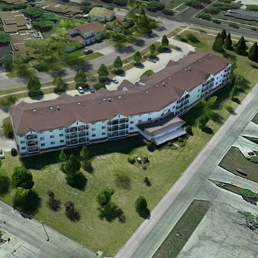 Aerial view of apartment building over an aerial photo